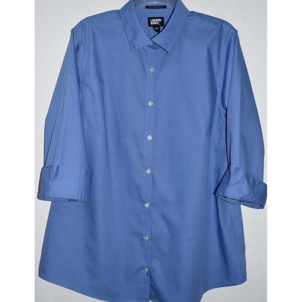 LandsEnd Womens 18T Wrinkle Free Broadcloth Button-up Shirt Blue Solid 3/4 Slv
